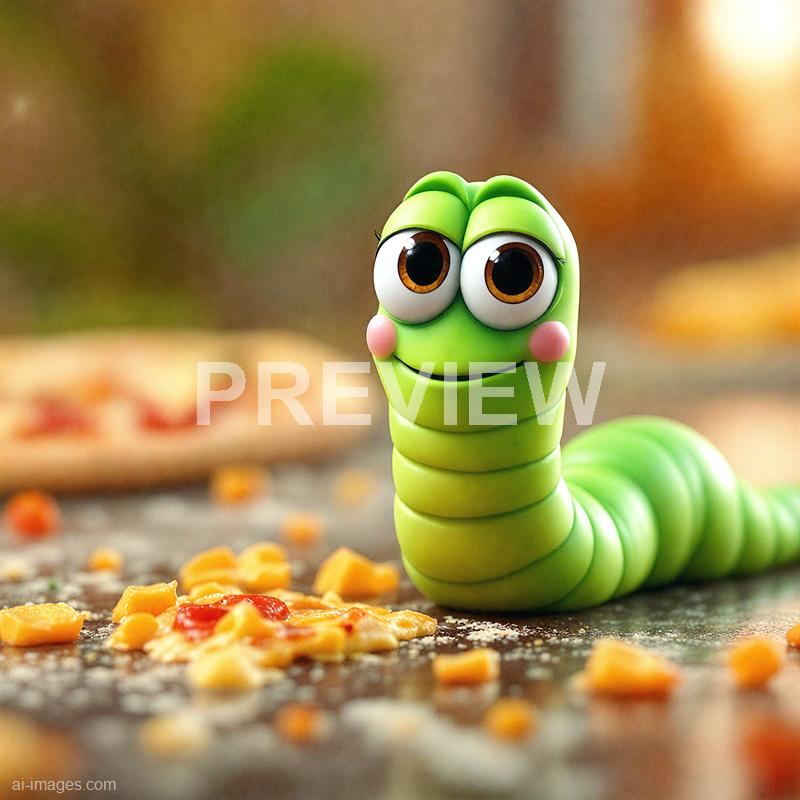 A cute, animated green caterpillar with large, expressive eyes, pink cheeks, and a smiling face is positioned on a surface scattered with small pieces of food, possibly cheese and tomato. The background is blurred with warm, autumnal colors, creating a soft, inviting atmosphere that highlights the cheerful character in the foreground.